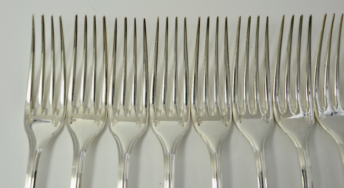 Christofle France, Pompadour, Twelve Table Forks, Silver Plated Metal-photo-4