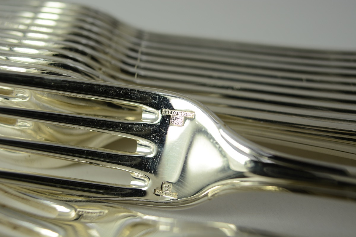 Christofle France, Pompadour, Twelve Table Forks, Silver Plated Metal-photo-6