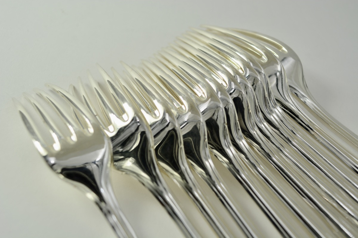 Christofle France, Pompadour, Twelve Table Forks, Silver Plated Metal-photo-8