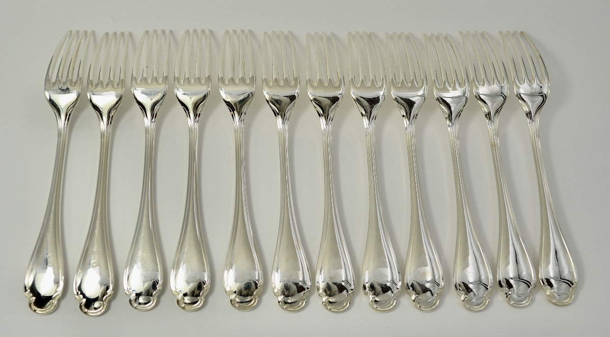 Christofle France, Pompadour, Twelve Table Forks, Silver Plated Metal
