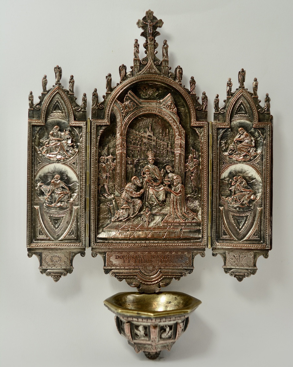 Wall-mounted Holy Water Font, Triptych, France 19th Century.