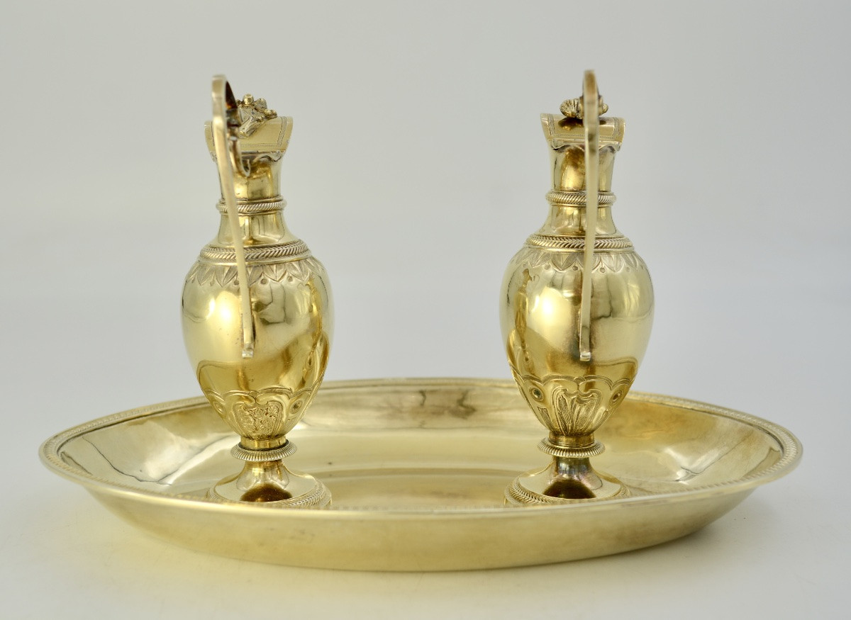 Pair Of Silver-gilt Cruets And Their Tray, France, 19th Century -photo-2