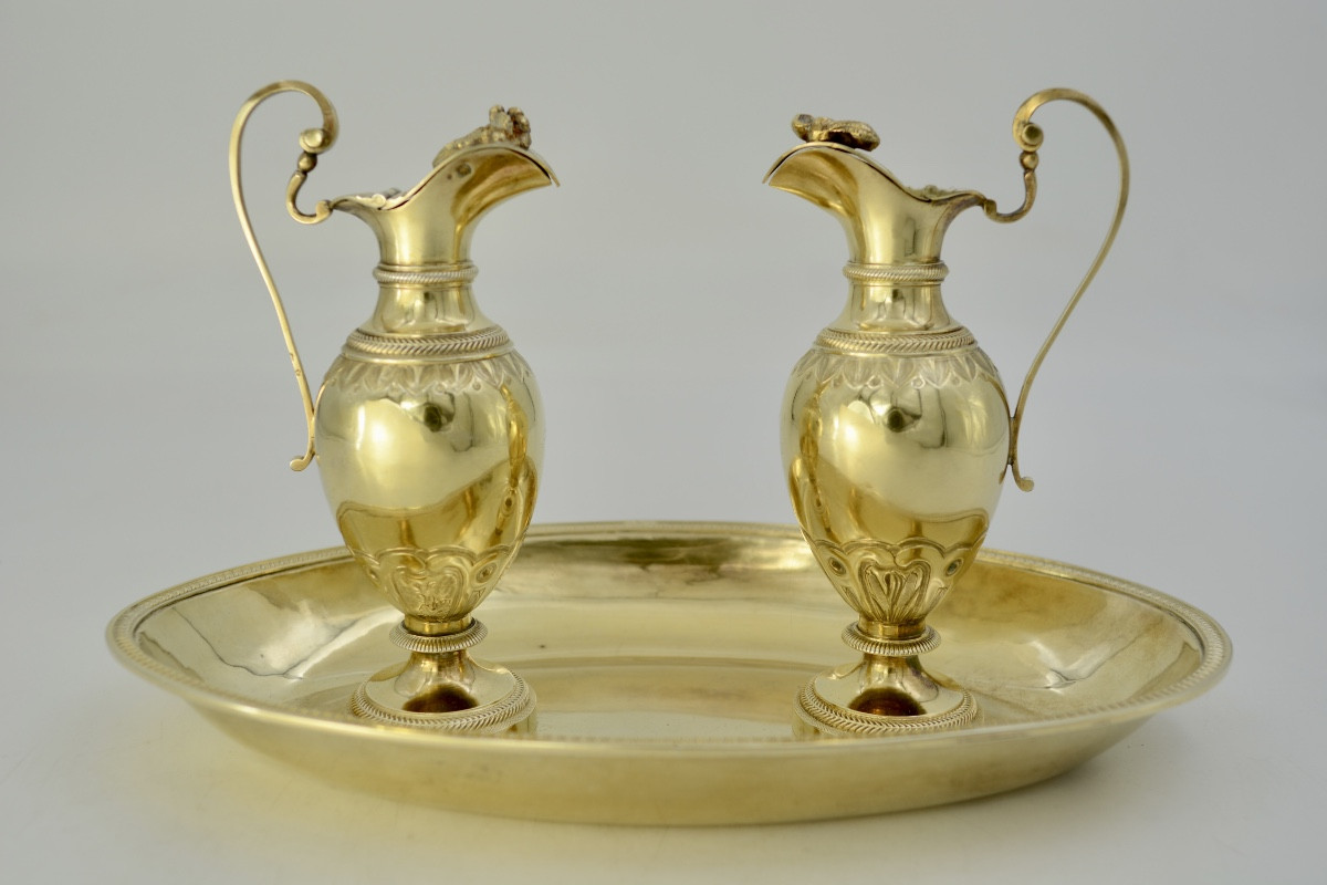 Pair Of Silver-gilt Cruets And Their Tray, France, 19th Century 