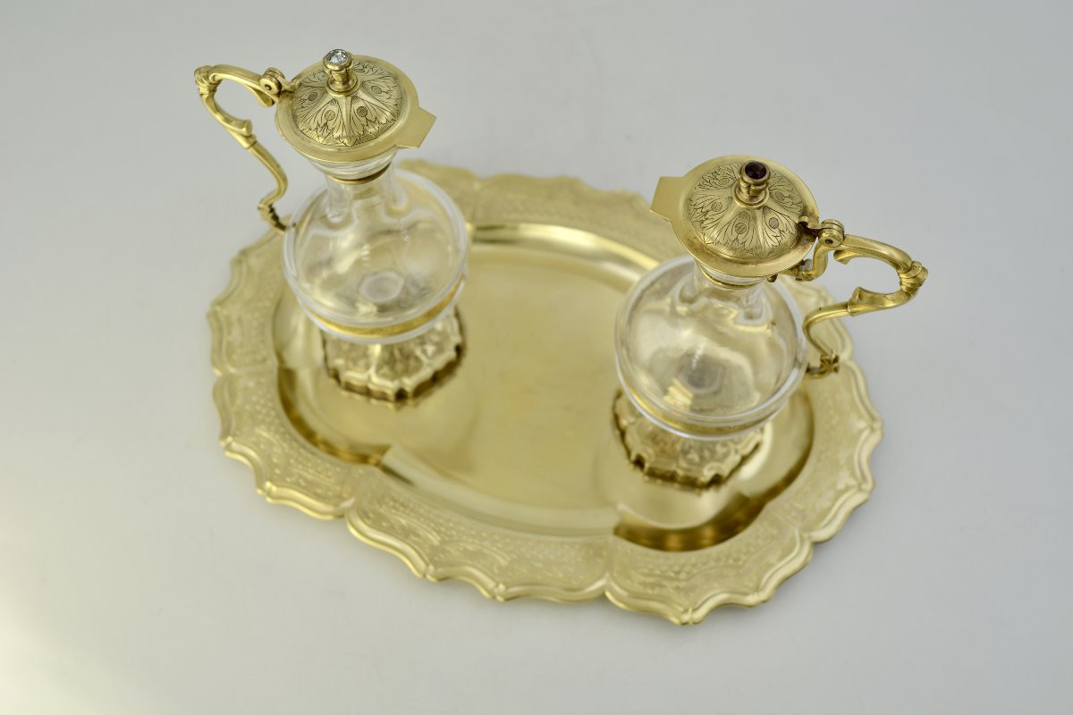 Burettes d'eglise et leur plateau, argent et verre, France par Poussielgue Rousand orfevre -photo-3