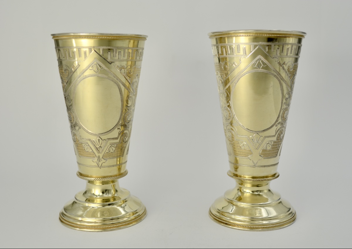 Russia, Circa 1900. Pair Of Gilt Silver Cups. 