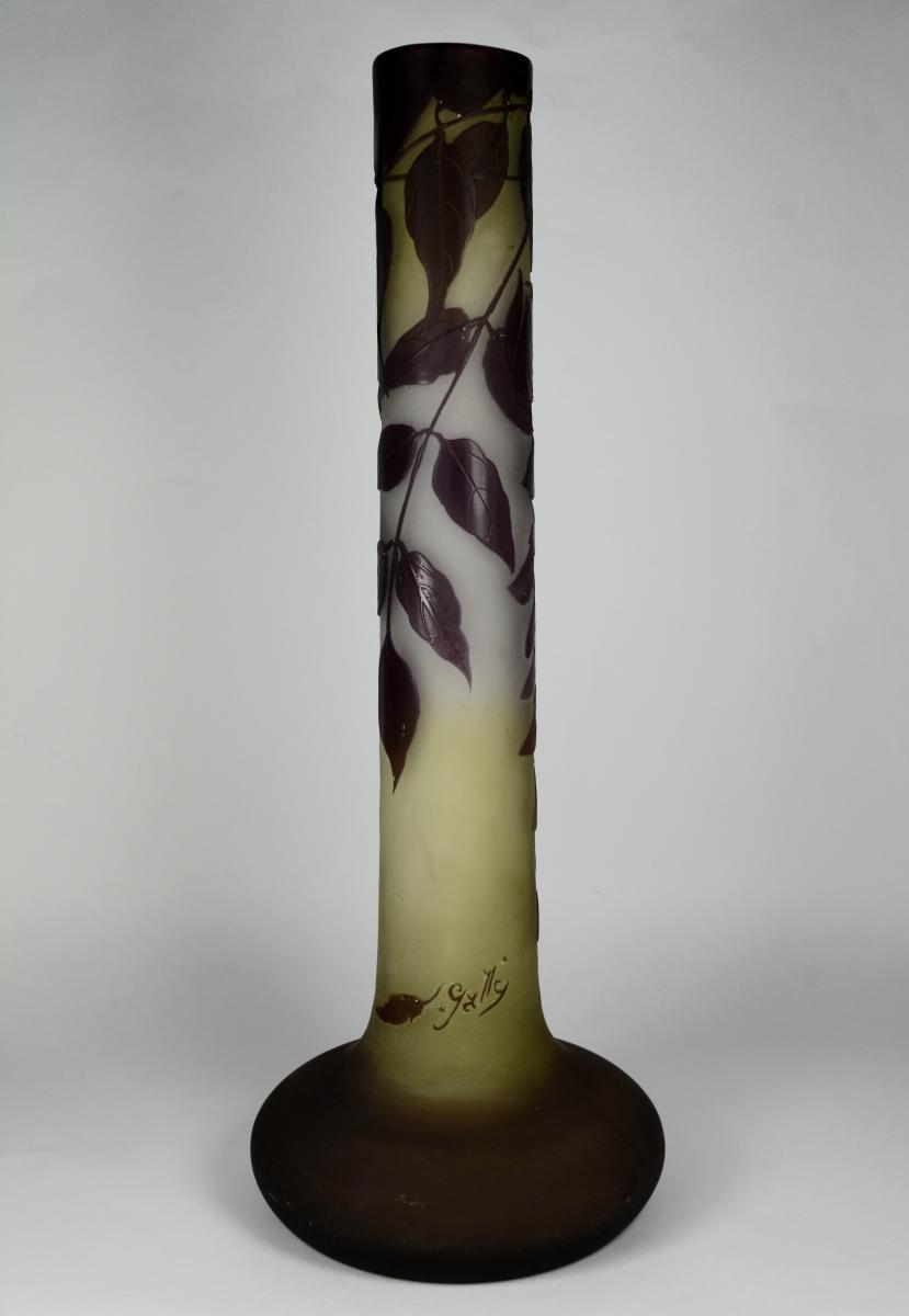 Gallé.  Vase Tubulaire En Verre Multicouche Dégagé à l'Acide-photo-4