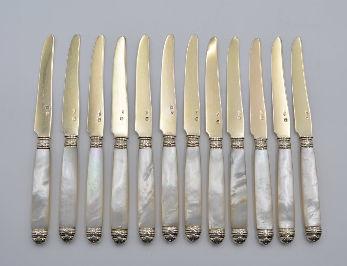 Couteaux à Fruits En Argent Doré Et Nacre, France Vers 1900-photo-2