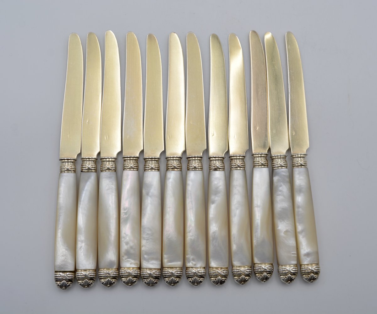 Fruit Knives In Silver And Mother Of Pearl, France Circa 1900-photo-3