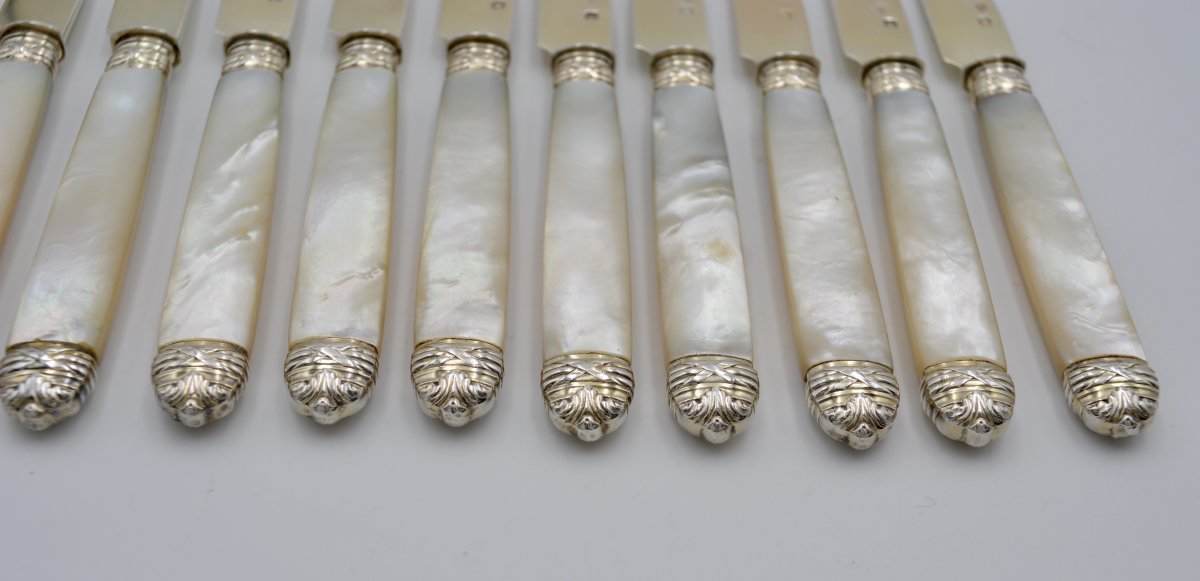 Couteaux à Fruits En Argent Doré Et Nacre, France Vers 1900-photo-2