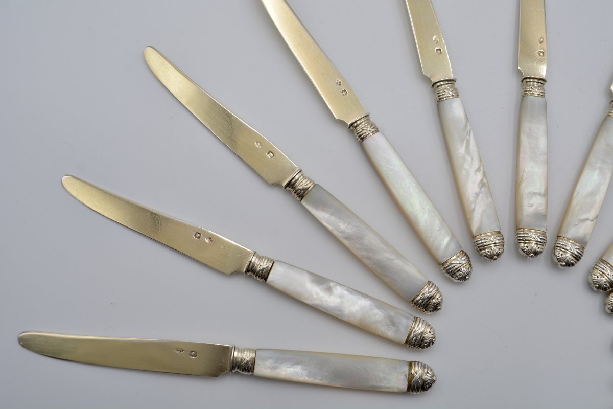 Couteaux à Fruits En Argent Doré Et Nacre, France Vers 1900-photo-3