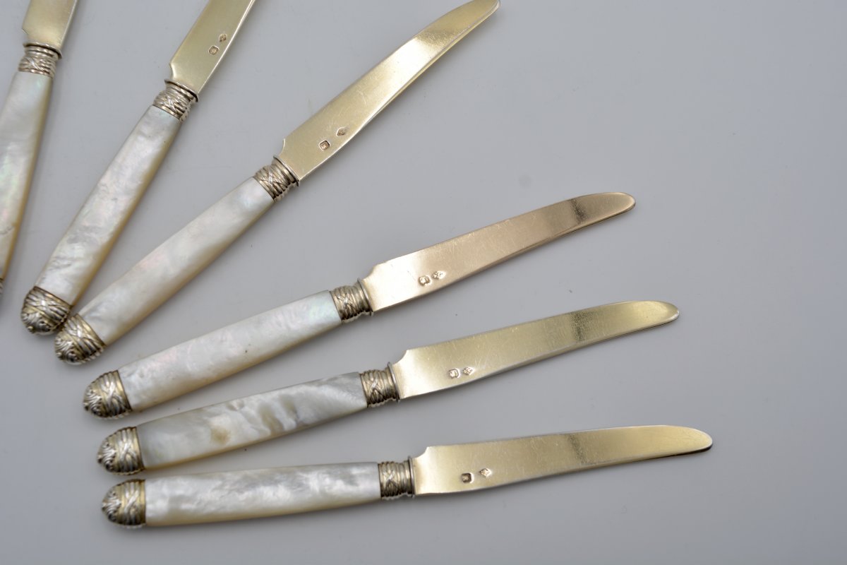 Couteaux à Fruits En Argent Doré Et Nacre, France Vers 1900-photo-4