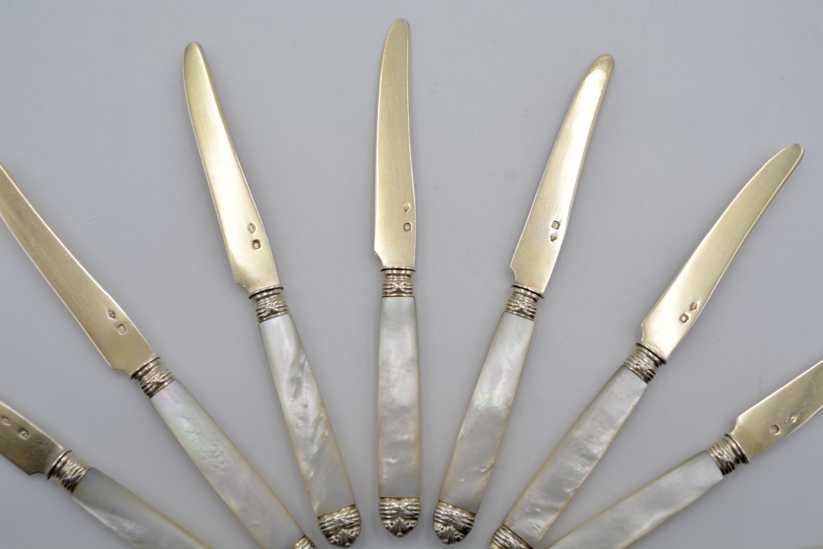 Couteaux à Fruits En Argent Doré Et Nacre, France Vers 1900-photo-5