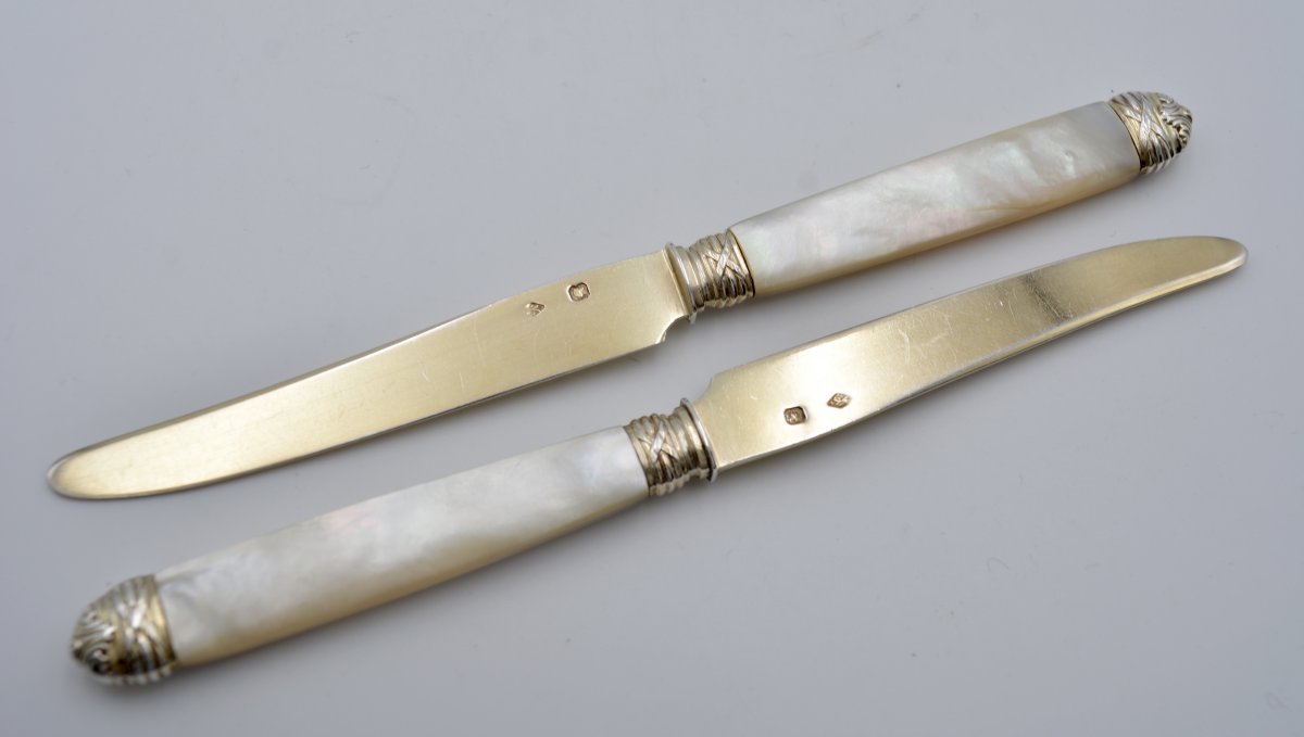 Couteaux à Fruits En Argent Doré Et Nacre, France Vers 1900-photo-6