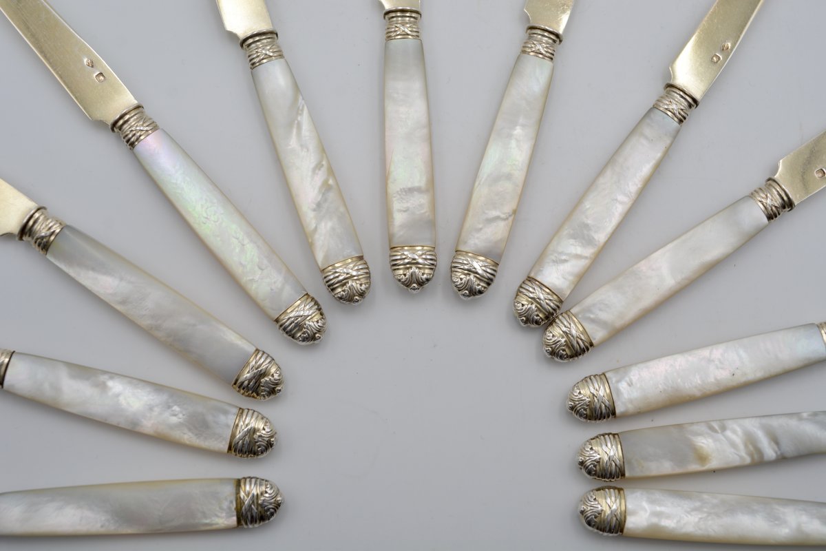 Couteaux à Fruits En Argent Doré Et Nacre, France Vers 1900-photo-8
