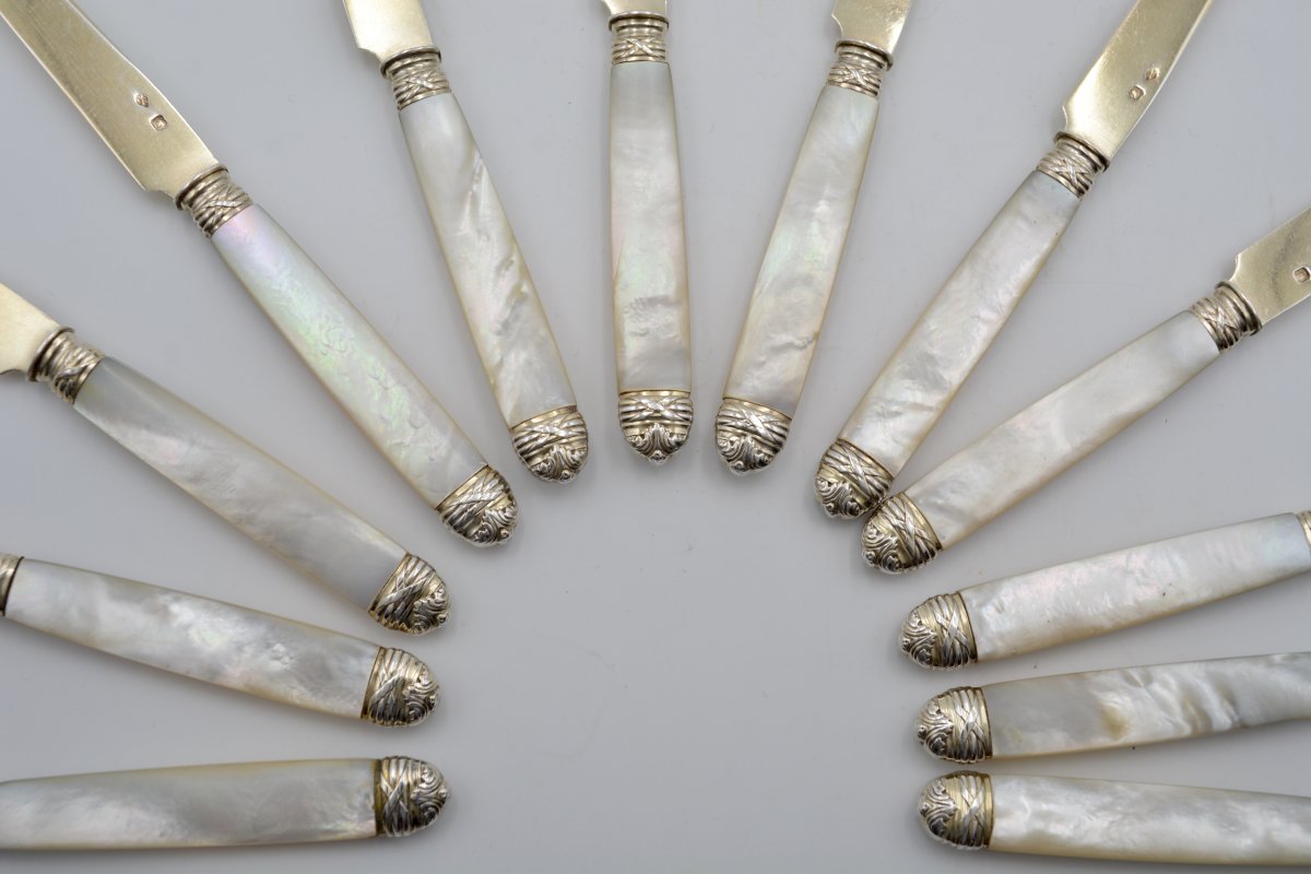 Fruit Knives In Silver And Mother Of Pearl, France Circa 1900-photo-8