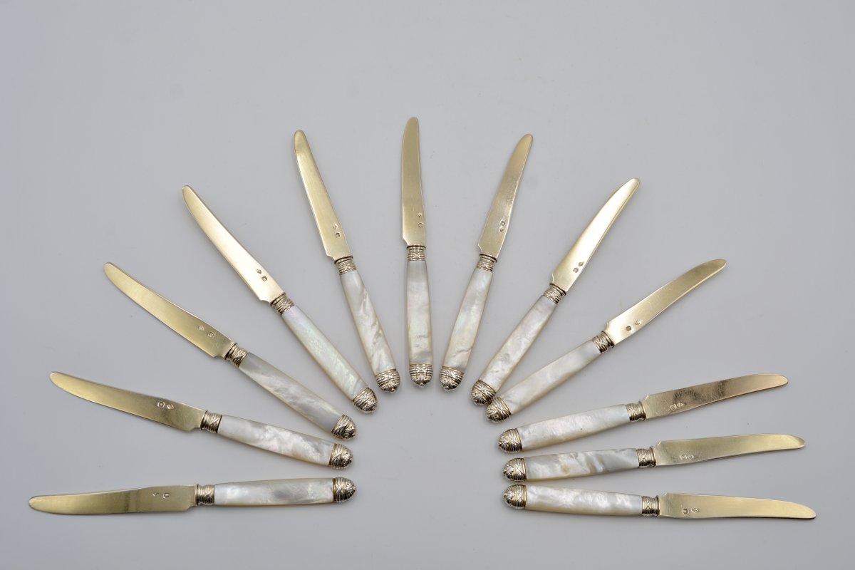 Couteaux à Fruits En Argent Doré Et Nacre, France Vers 1900