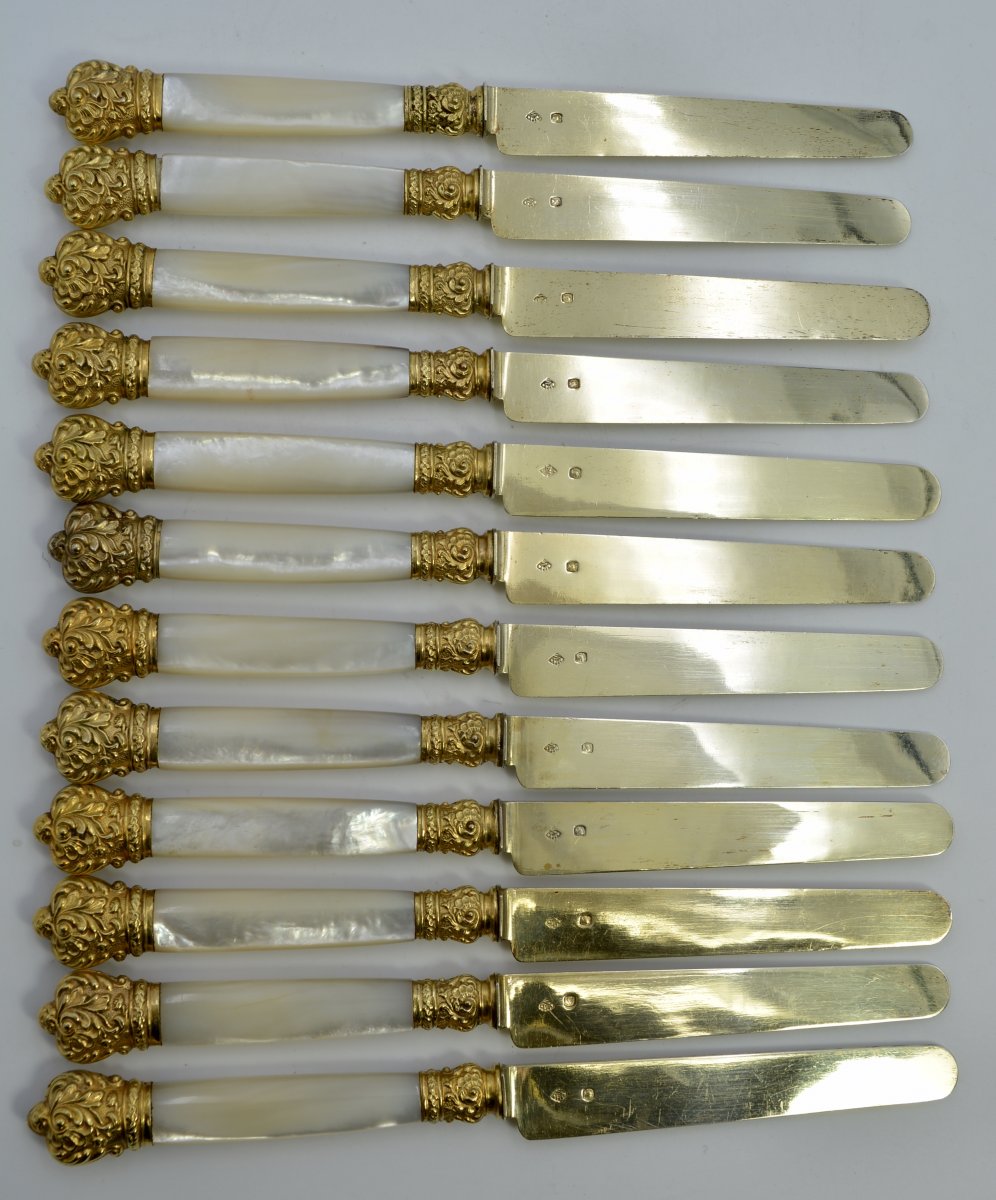 Vermeil And Mother Of Pearl Dessert Knives. France XIXth Century-photo-4