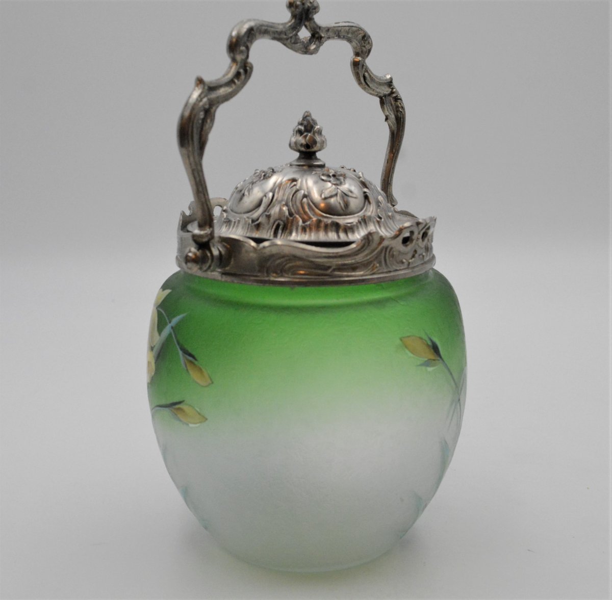 Biscuit Bucket In Enameled Glass And Silver Metal Decorated With Daffodils Art Nouveau-photo-2