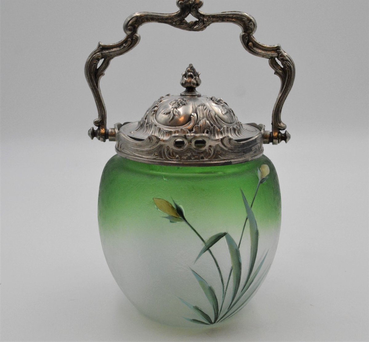 Biscuit Bucket In Enameled Glass And Silver Metal Decorated With Daffodils Art Nouveau-photo-3