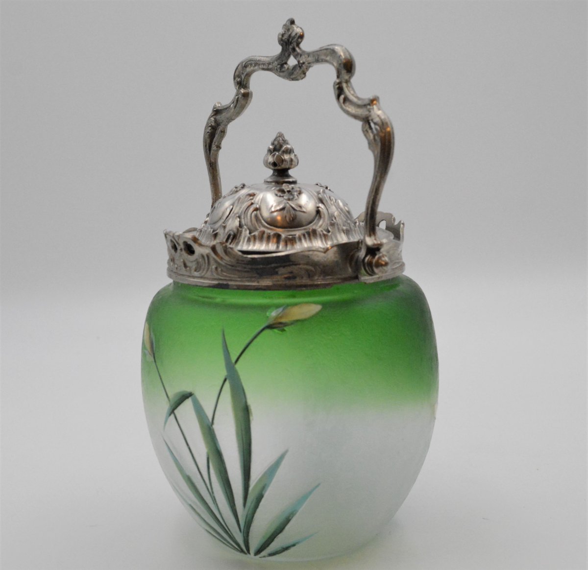 Biscuit Bucket In Enameled Glass And Silver Metal Decorated With Daffodils Art Nouveau-photo-4