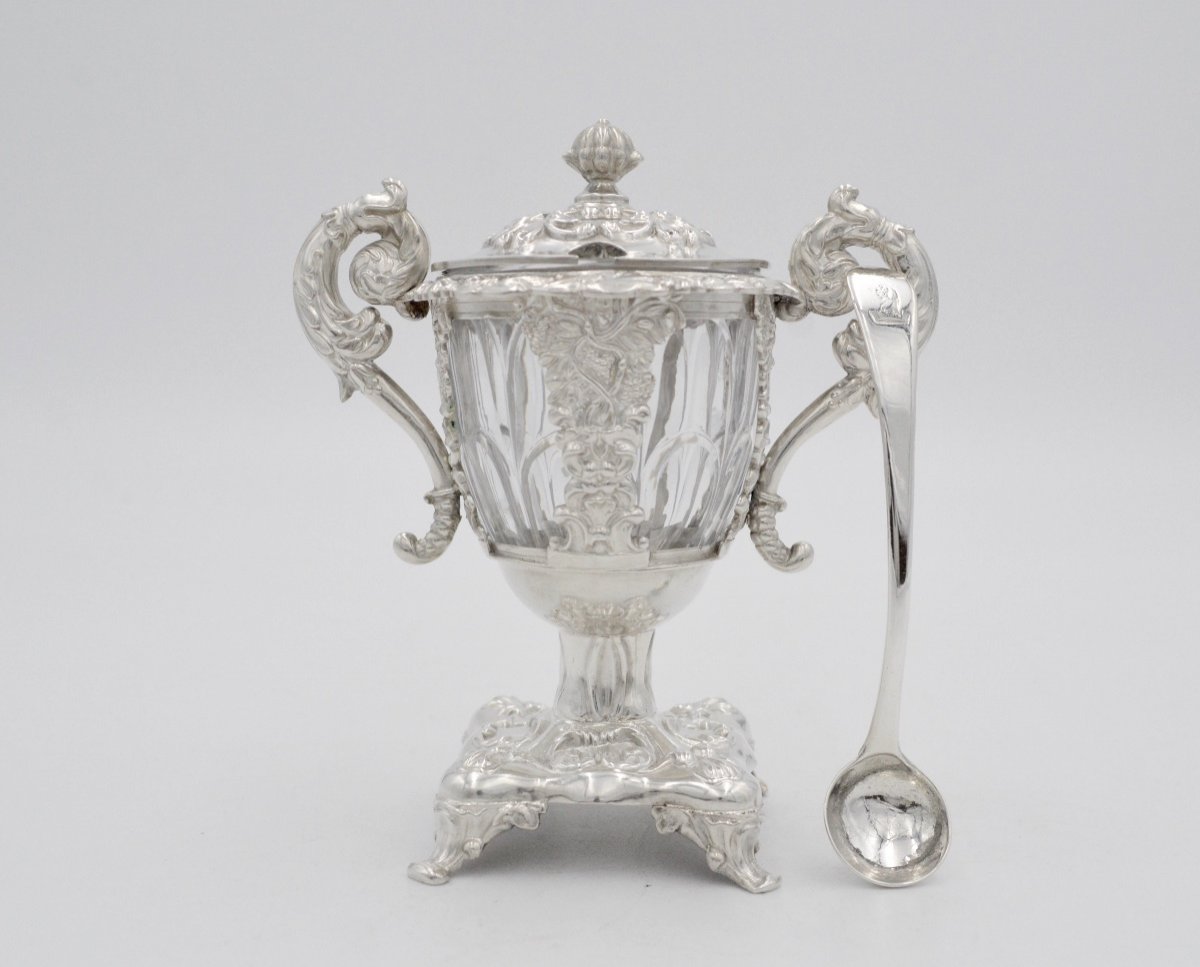 Mustard Pot In Silver And Crystal, France Nineteenth Century