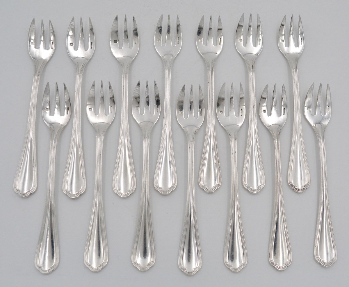 Christofle. 15 Oyster Forks In Silver Metal. XXth Century