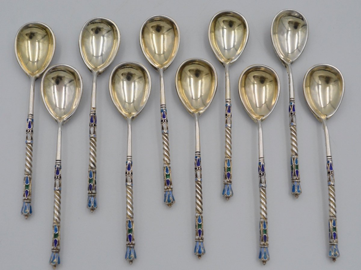 Russie XIXe Siècle. Cuillères En Argent Et émaux Cloisonnés -photo-2