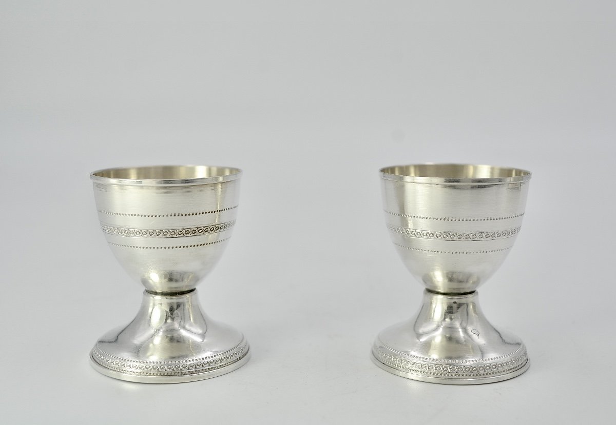 Pair Of Silver Egg Cups On Pedestal, Foreign Work Twentieth Century