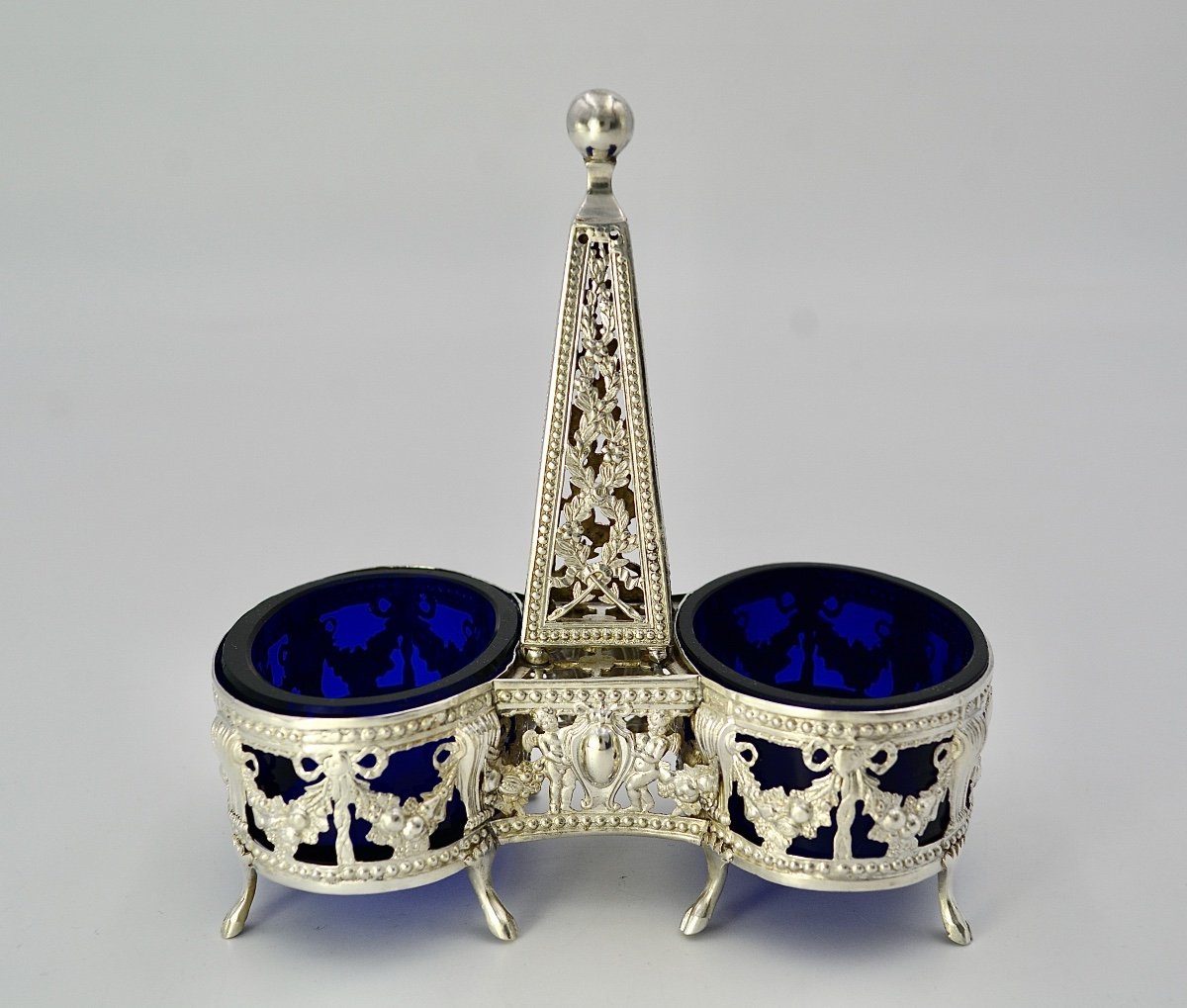 Salière Double Argent Et Verres Bleu / Paris 1786 -photo-2