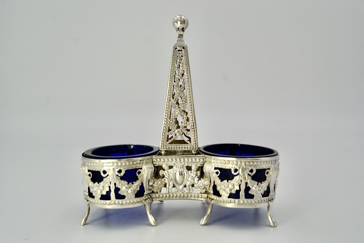 Salière Double Argent Et Verres Bleu / Paris 1786 -photo-3