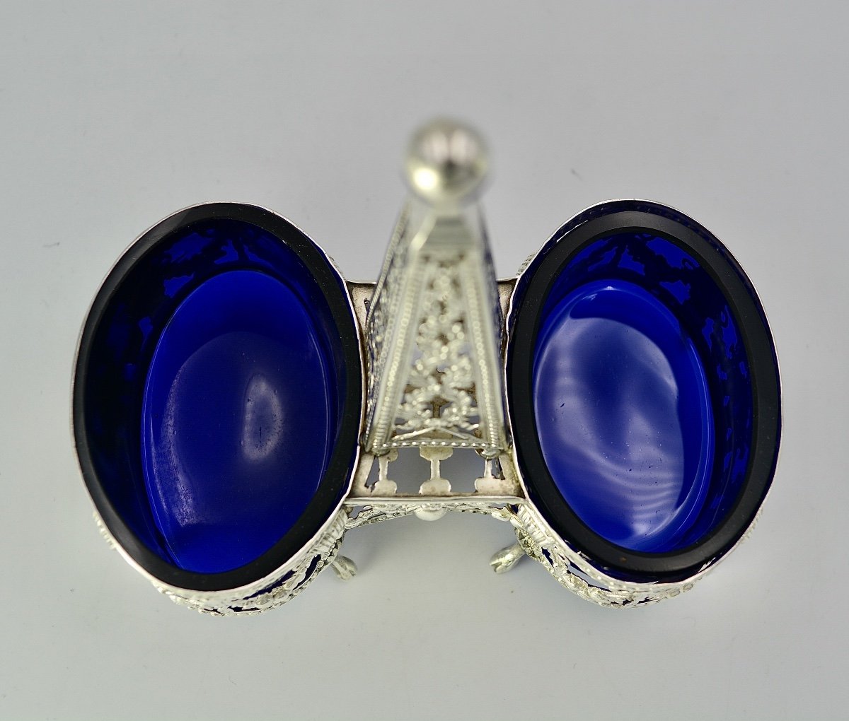 Salière Double Argent Et Verres Bleu / Paris 1786 -photo-1