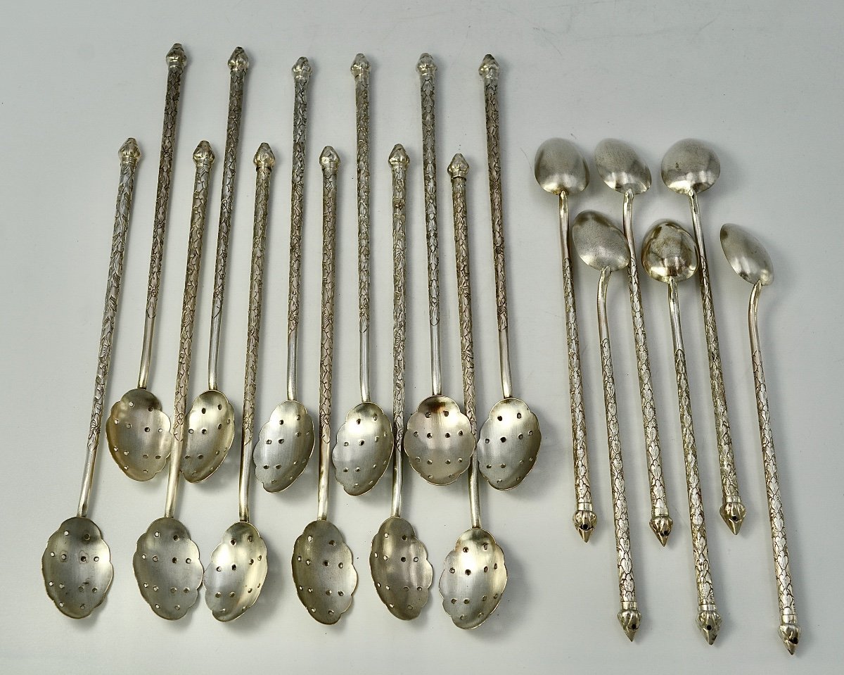 18 Cuillères à Cocktail En Argent, Cambodge Vers 1900