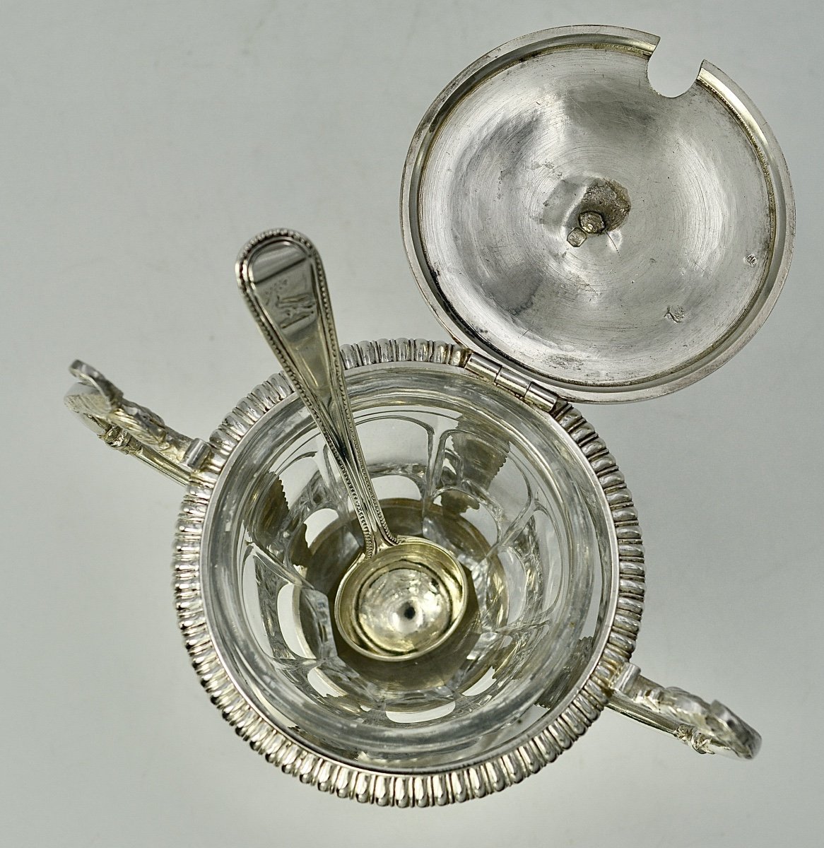 Crystal And Silver Mustard Pot, France Spoon Circa 1823-photo-2