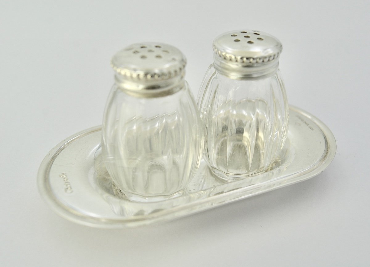 Christofle France. Salt And Pepper Servant In Silver And Glass.-photo-2