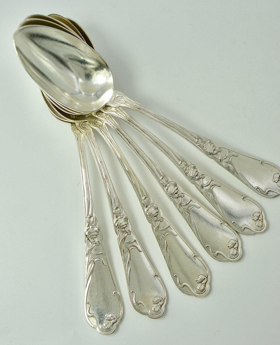 Art Nouveau Période,  Six Couverts En Metal Argente France Vers 1900-photo-4