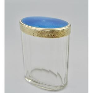 Art Deco Période. Boite De Toilette En Verre Et Argent émail Bleu, France