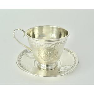 Tasse Et Sa Sous Tasse Argent Napoleon III Par Roussel  Orfèvre / 5 pièces disponibles 