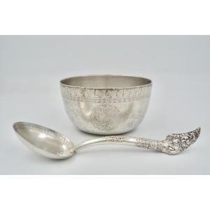 Rice Bowl And Its Silver Spoon. Cambodia Around 1900