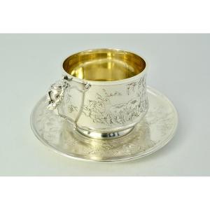 Cup And Its Silver Saucer, Art Nouveau By Cooper Orfèvre