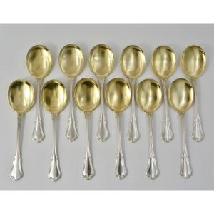 Silver Ice Cream Spoons, 12 Pieces, France By Puiforcat Goldsmith 