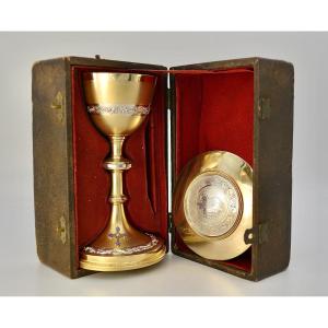 Chalice And Its Patene In Gilded Silver, Chest, France 19th Century