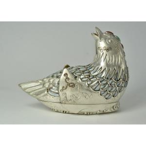 China / South East Asia, Silver And Mother-of-pearl Bird-shaped Box. 