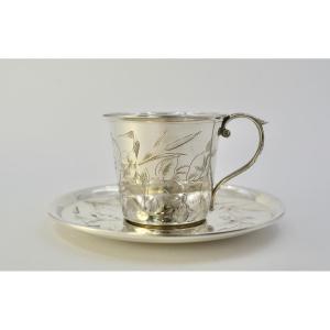 Art Nouveau. Cup And Its Saucer In Silver, France 1886-1894