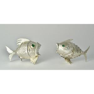 Fish Shape Spice Boxes, Silver Spain, Mid 20th Century