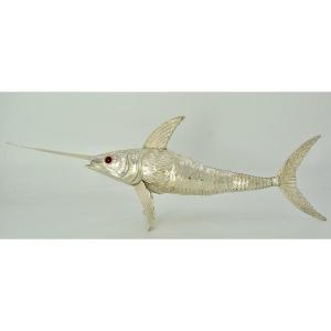Articulated Swordfish Fish In Silver Spain Mid 20th Century 