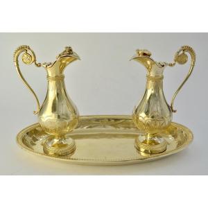 Pair Of Cruets And Their Tray, Gilt Silver, France 1831-1847