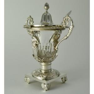 Moutardier En Argent Et Cristal, France 1809-1819