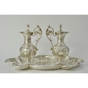 Pair Of Cruets And Their Tray, Silver, France, Circa 1840