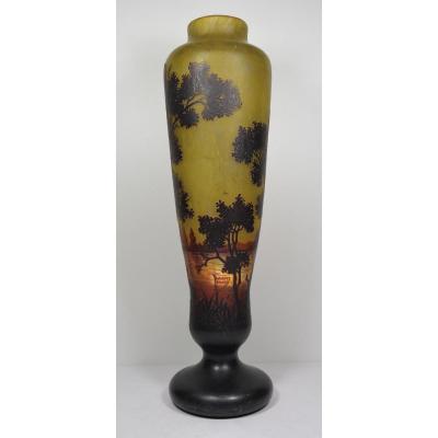 Daum France Large Vase On Pedestal In Glass Paste