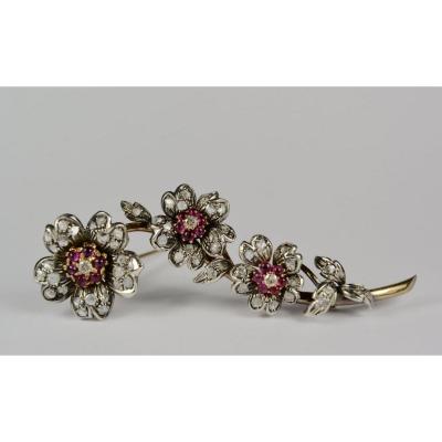 Brooch In Gold And Silver, Ruby, Diamonds XIX  Century 